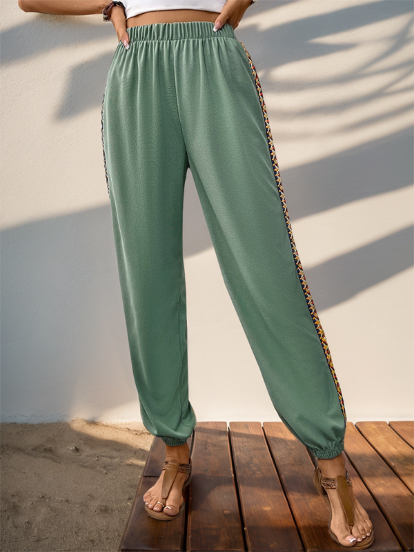 Pencil Pants- Women Boho Pencil Pants with Tribal Accents- Green- Chuzko Women Clothing