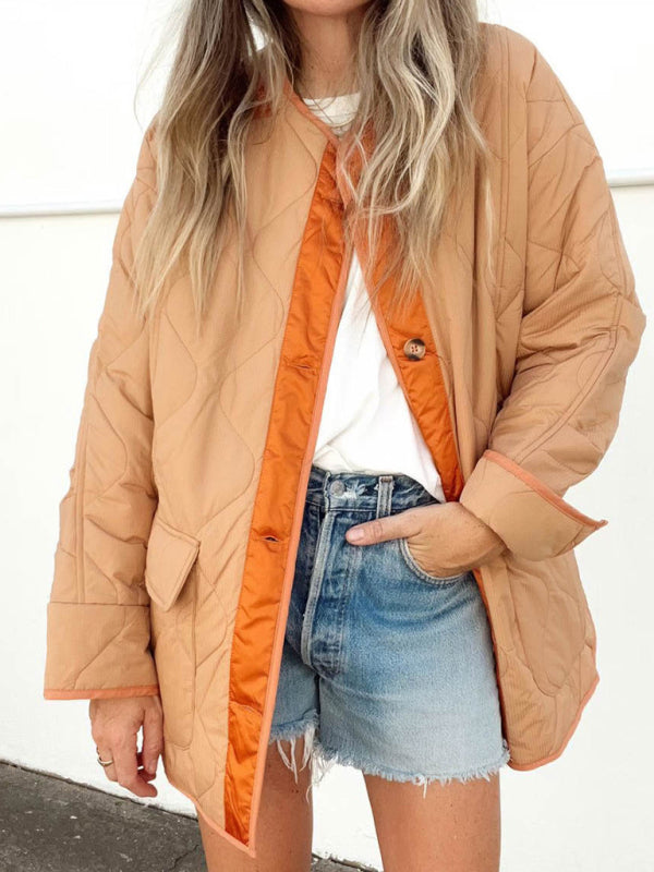 Quilted Jackets- Women’s Quilted Jacket in Two-Tone Colors with Flap Pockets- Orange- Chuzko Women Clothing