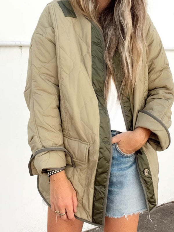 Quilted Jackets- Women’s Quilted Jacket in Two-Tone Colors with Flap Pockets- Olive green- Chuzko Women Clothing