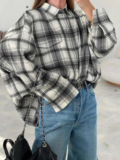 Shirts- Layering Essential Vintage Plaid Shirt for Women- Gray- Chuzko Women Clothing