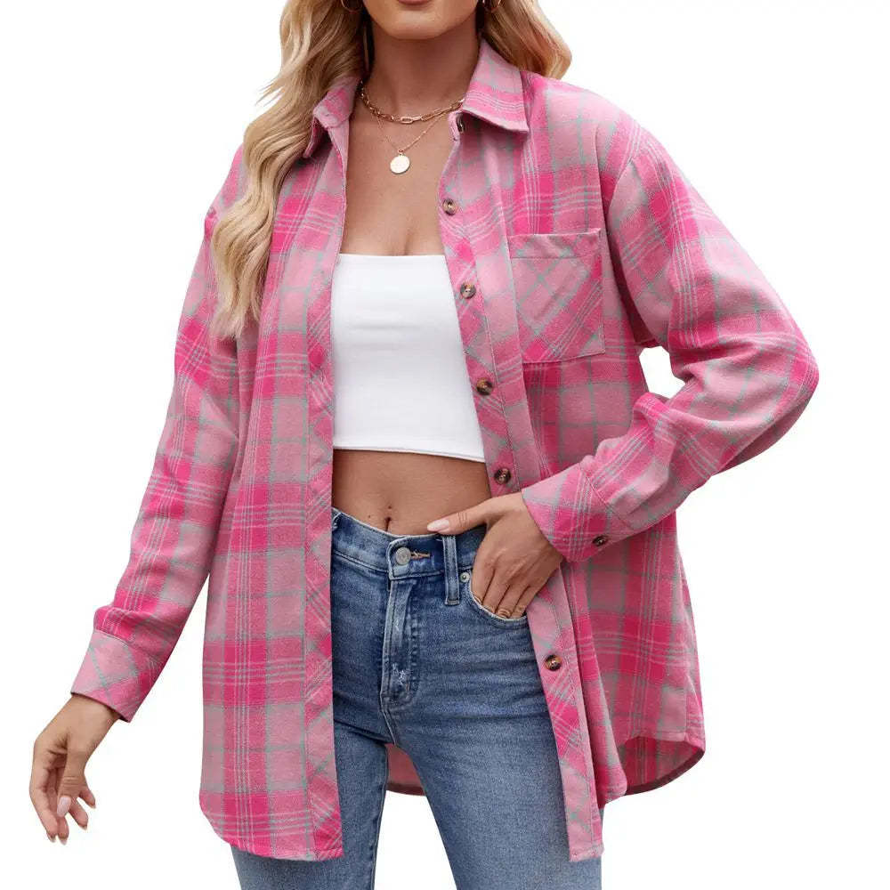 Shirts- Loose-Fit Comfy Plaid Shirt for Modern Women- Rose red- Chuzko Women Clothing