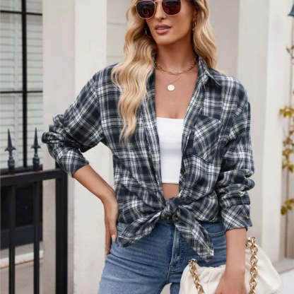 Shirts- Loose-Fit Comfy Plaid Shirt for Modern Women- - Chuzko Women Clothing