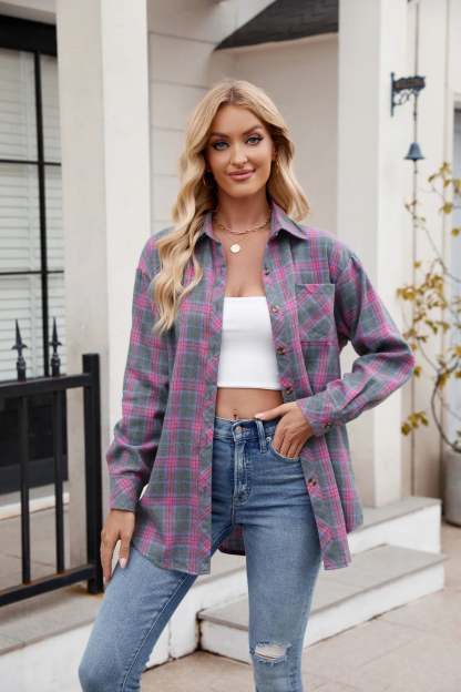 Shirts- Loose-Fit Comfy Plaid Shirt for Modern Women- - Chuzko Women Clothing