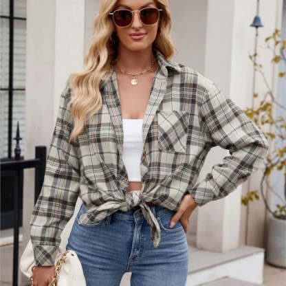 Shirts- Loose-Fit Comfy Plaid Shirt for Modern Women- - Chuzko Women Clothing