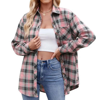 Shirts- Loose-Fit Comfy Plaid Shirt for Modern Women- Pink- Chuzko Women Clothing