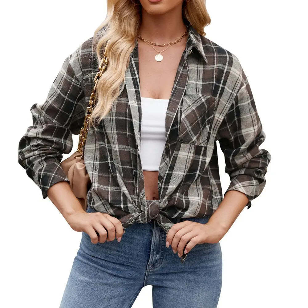 Shirts- Loose-Fit Comfy Plaid Shirt for Modern Women- Brown- Chuzko Women Clothing