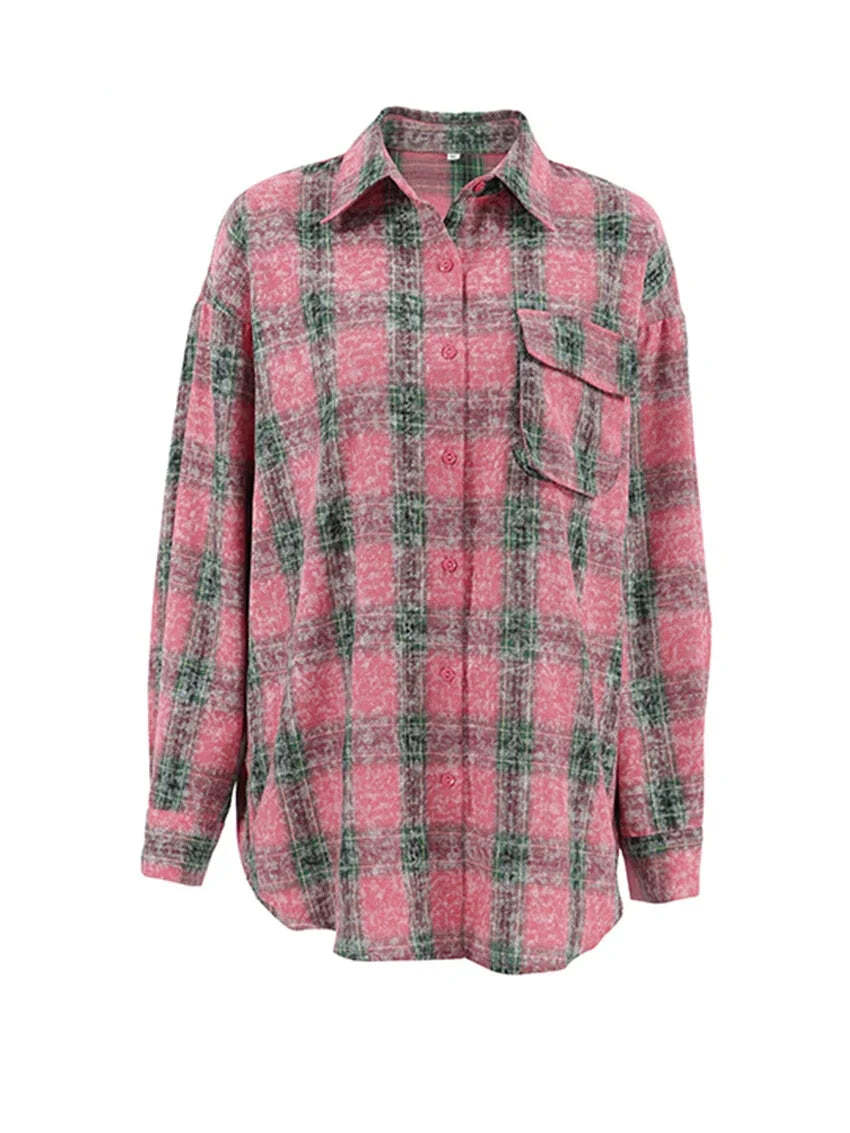 Shirts- Vintage-inspired Pink Plaid Shirt for Women- - Chuzko Women Clothing