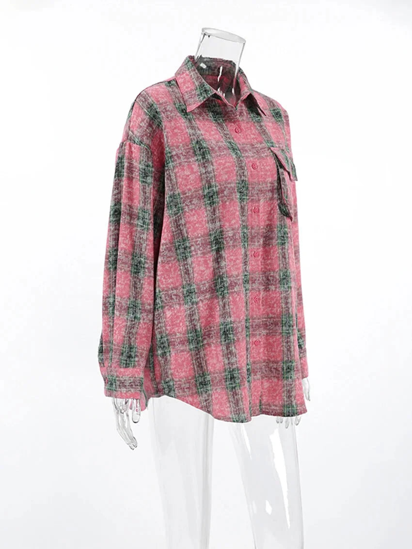 Shirts- Vintage-inspired Pink Plaid Shirt for Women- - Chuzko Women Clothing