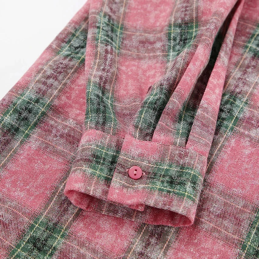 Shirts- Vintage-inspired Pink Plaid Shirt for Women- - Chuzko Women Clothing