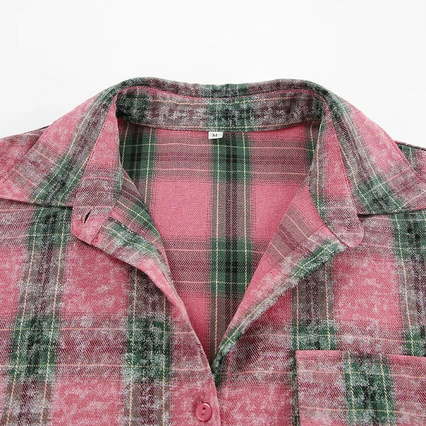 Shirts- Vintage-inspired Pink Plaid Shirt for Women- - Chuzko Women Clothing