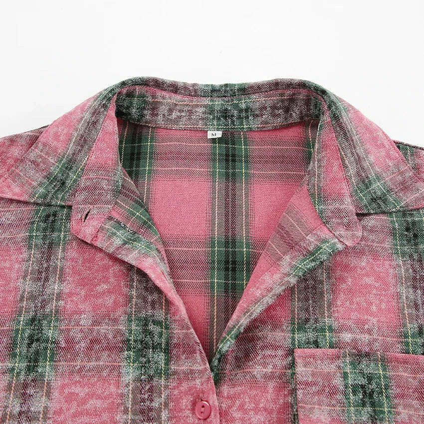 Shirts- Vintage-inspired Pink Plaid Shirt for Women- - Chuzko Women Clothing