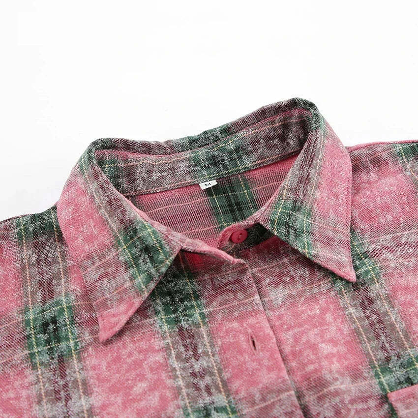 Shirts- Vintage-inspired Pink Plaid Shirt for Women- - Chuzko Women Clothing