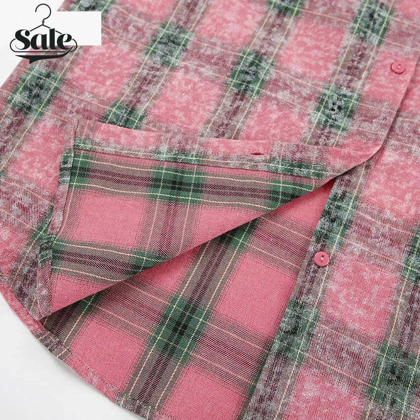 Shirts- Vintage-inspired Pink Plaid Shirt for Women- - Chuzko Women Clothing