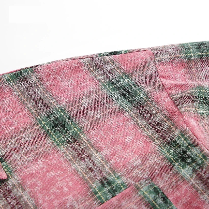 Shirts- Vintage-inspired Pink Plaid Shirt for Women- - Chuzko Women Clothing