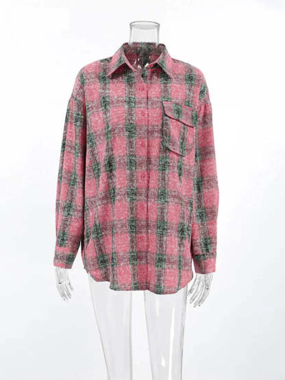 Shirts- Vintage-inspired Pink Plaid Shirt for Women- - Chuzko Women Clothing