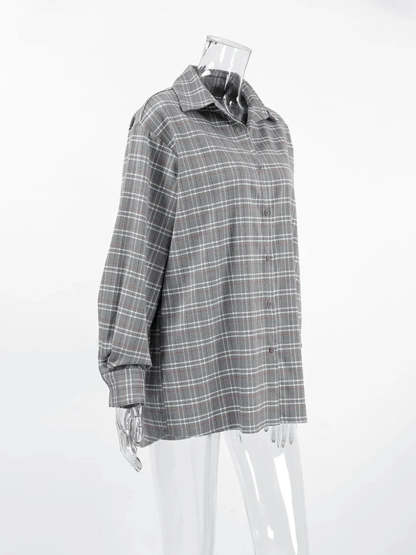 Shirts- Women Gray Plaid Shirt for Casual- - Chuzko Women Clothing