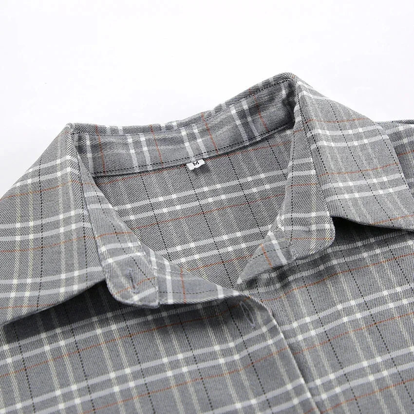 Shirts- Women Gray Plaid Shirt for Casual- - Chuzko Women Clothing