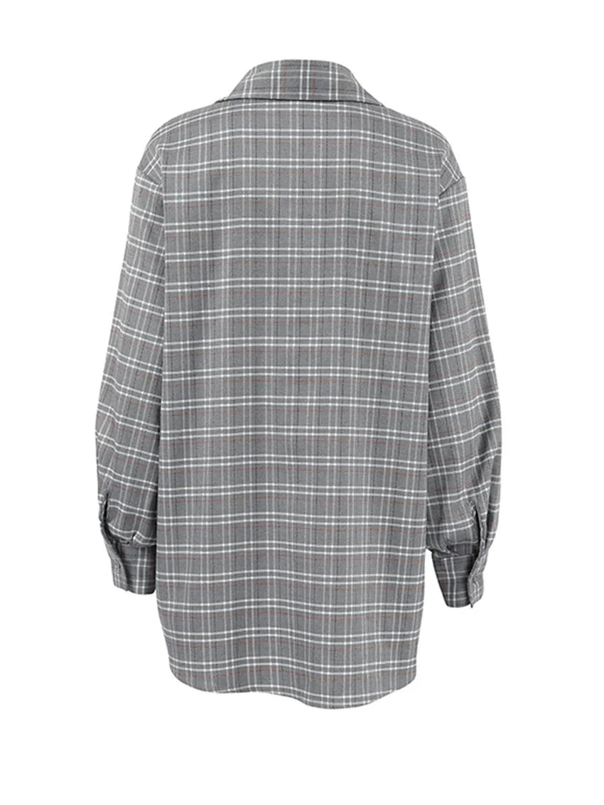 Shirts- Women Gray Plaid Shirt for Casual- - Chuzko Women Clothing