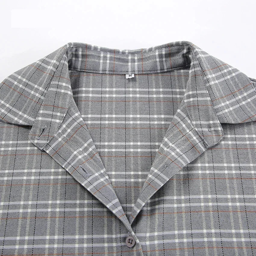 Shirts- Women Gray Plaid Shirt for Casual- - Chuzko Women Clothing