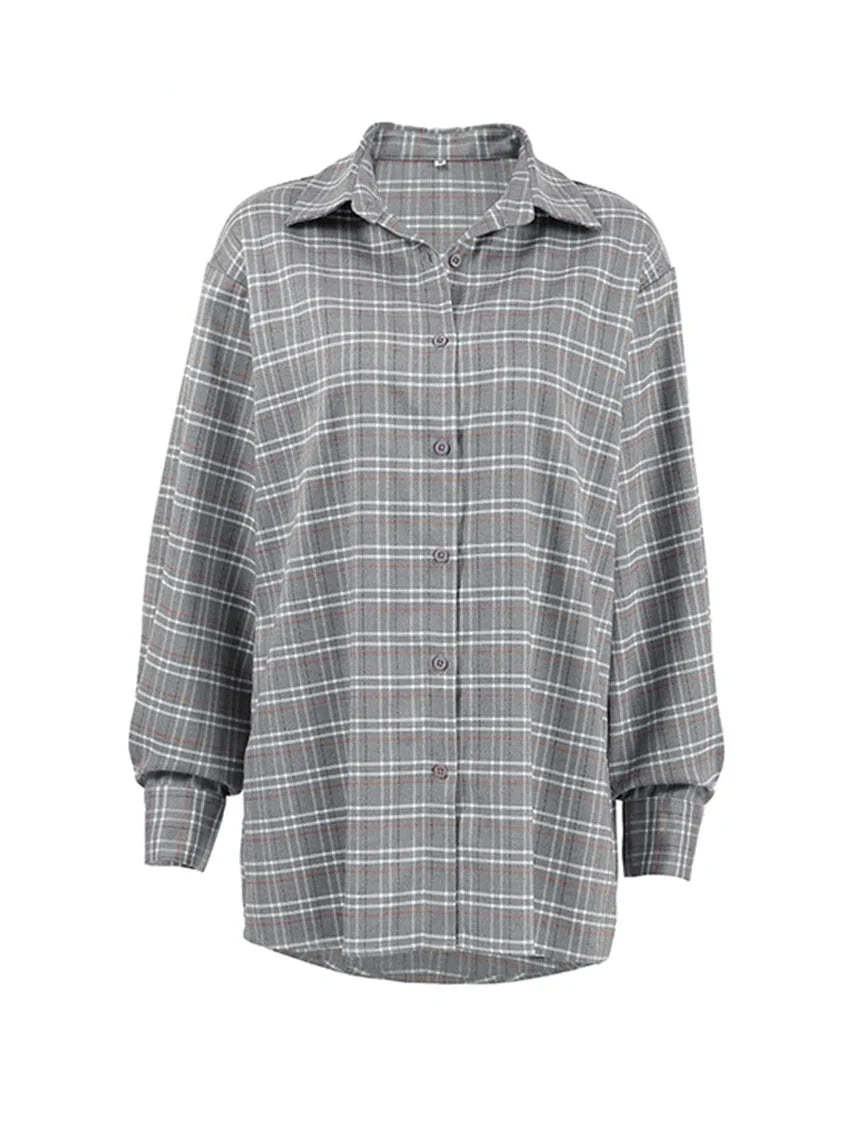 Shirts- Women Gray Plaid Shirt for Casual- - Chuzko Women Clothing