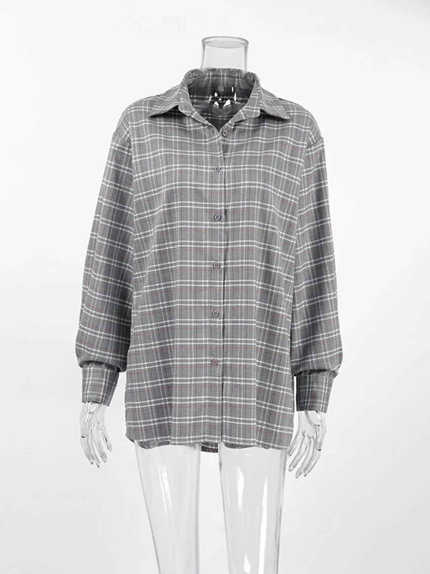 Shirts- Women Gray Plaid Shirt for Casual- - Chuzko Women Clothing