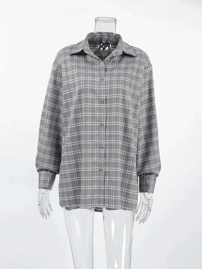 Shirts- Women Gray Plaid Shirt for Casual- - Chuzko Women Clothing