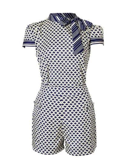 Shorts Sets- Geometric Tie-Neck Shorts Set with Bow Blouse for Casual Events- - Chuzko Women Clothing