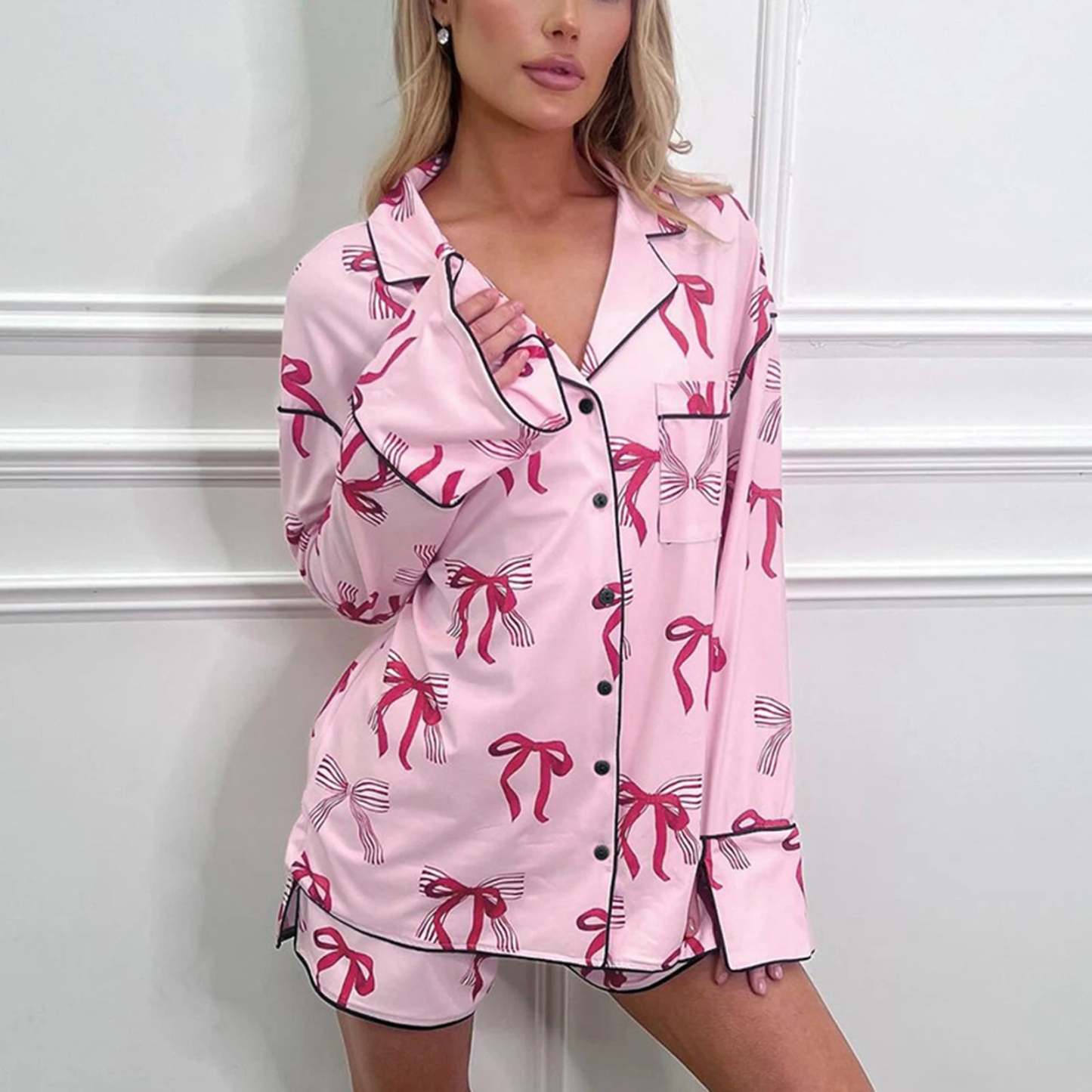 Shorts Sets- Women Pink Bow Print Satin Pajamas Shorts & Notch Shirt- - Chuzko Women Clothing