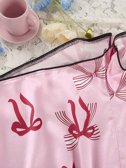 Shorts Sets- Women Pink Bow Print Satin Pajamas Shorts & Notch Shirt- - Chuzko Women Clothing