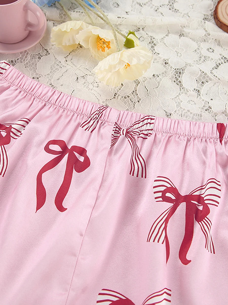 Shorts Sets- Women Pink Bow Print Satin Pajamas Shorts & Notch Shirt- - Chuzko Women Clothing