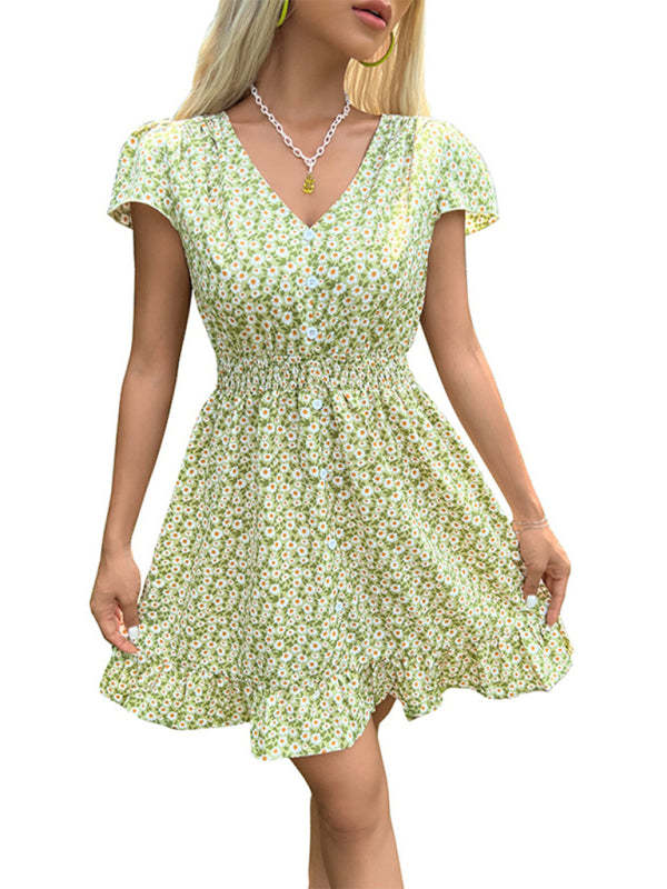 Sundresses- Women Floral A-Line Smocked Waist Sundress- - Chuzko Women Clothing