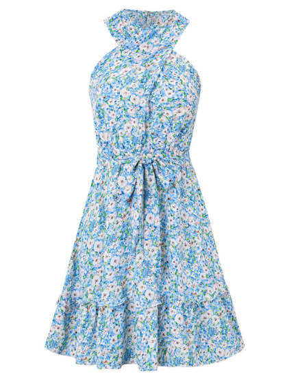 Sundresses- Women's Belted Floral Knot-Back Halter Sundress- - Chuzko Women Clothing