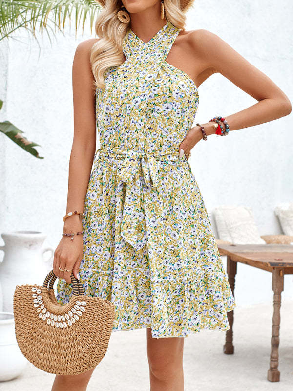 Sundresses- Women's Belted Floral Knot-Back Halter Sundress- Yellow- Chuzko Women Clothing