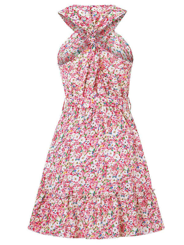 Sundresses- Women's Belted Floral Knot-Back Halter Sundress- - Chuzko Women Clothing