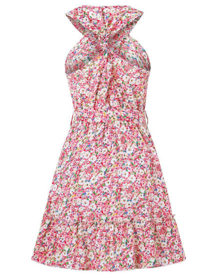 Sundresses- Women's Belted Floral Knot-Back Halter Sundress- - Chuzko Women Clothing