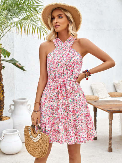 Sundresses- Women's Belted Floral Knot-Back Halter Sundress- - Chuzko Women Clothing