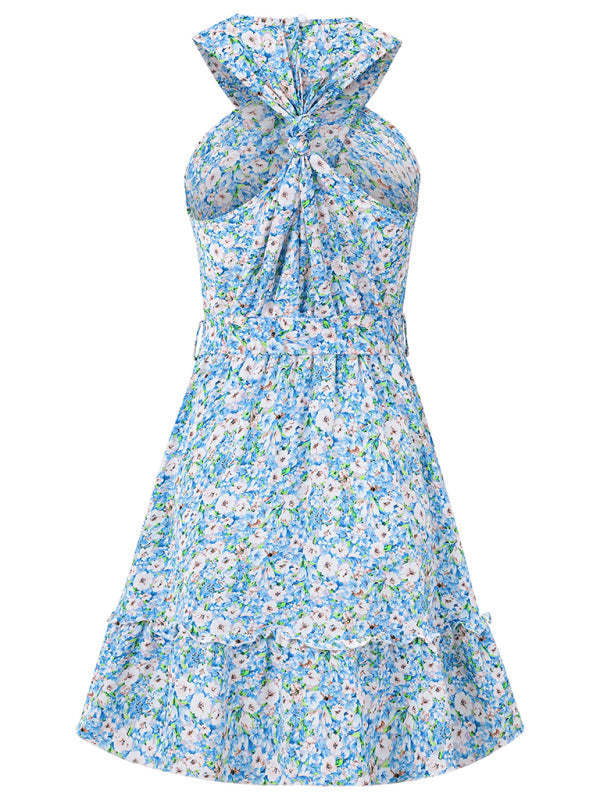 Sundresses- Women's Belted Floral Knot-Back Halter Sundress- - Chuzko Women Clothing