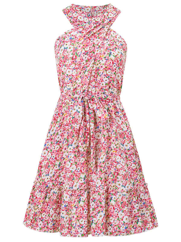 Sundresses- Women's Belted Floral Knot-Back Halter Sundress- - Chuzko Women Clothing