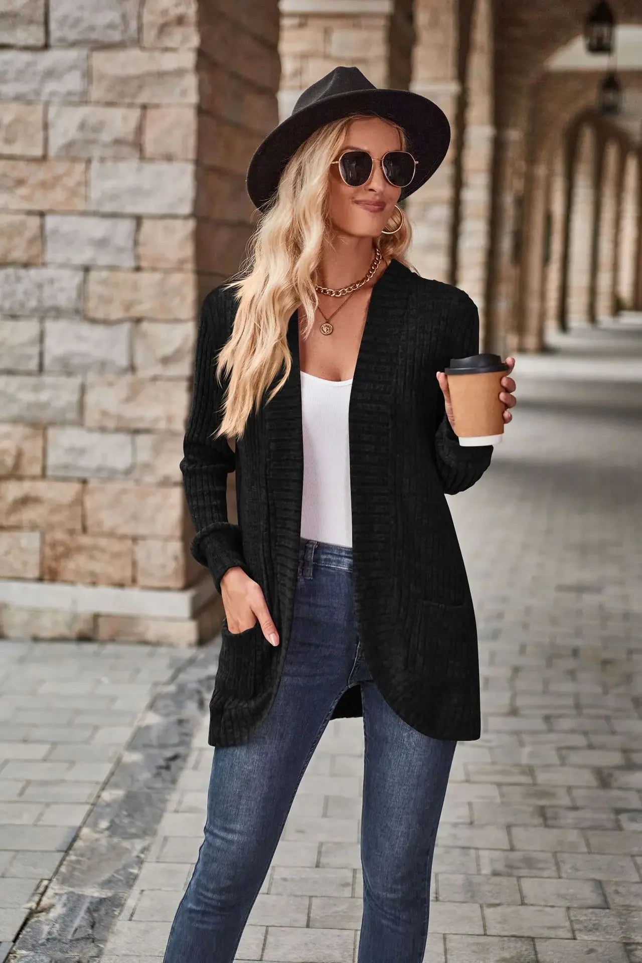 Sweater Cardigans- Cozy Textured Ribbed Shawl Collar Cardigan for Women- - Chuzko Women Clothing