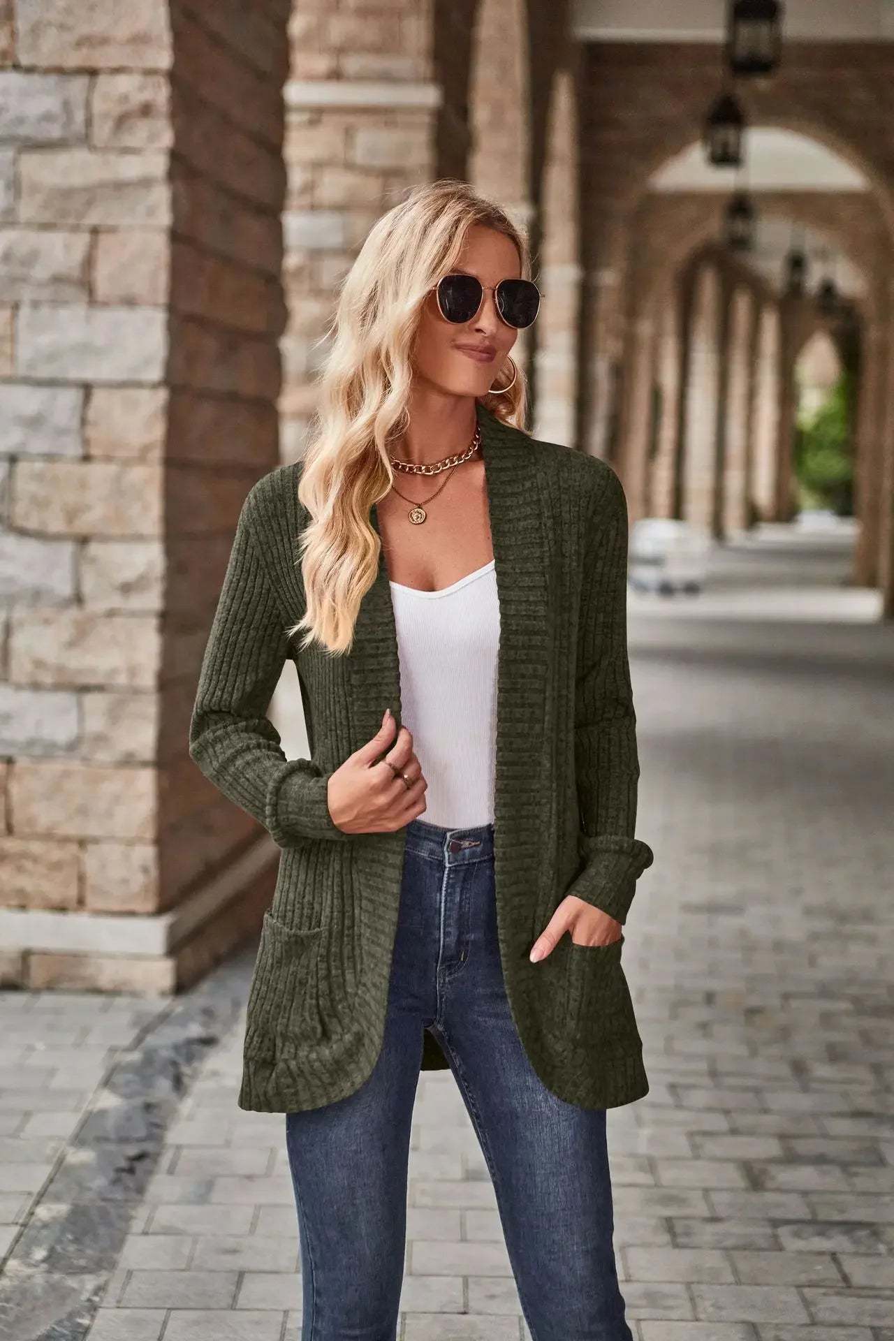 Sweater Cardigans- Cozy Textured Ribbed Shawl Collar Cardigan for Women- - Chuzko Women Clothing