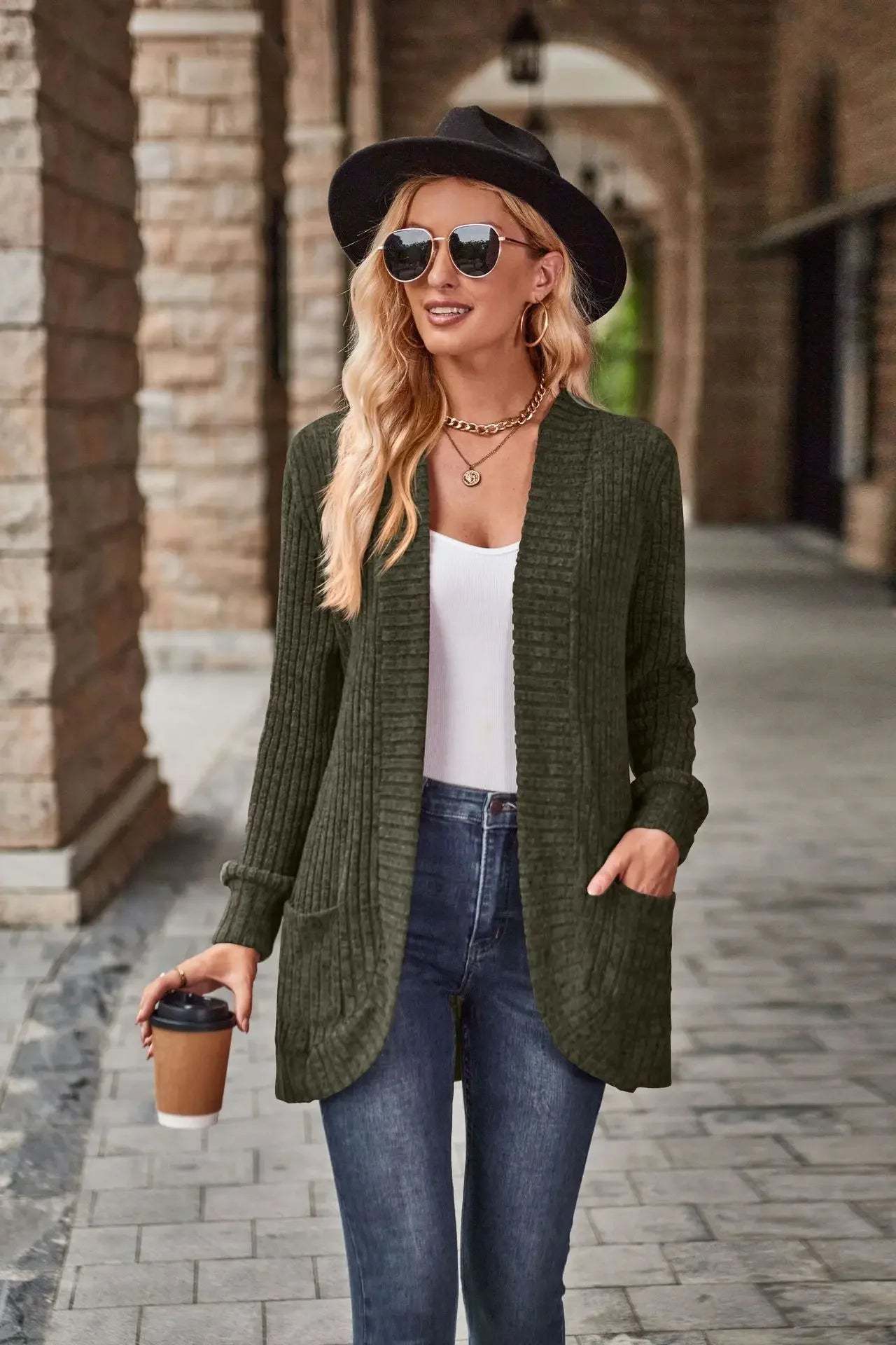 Sweater Cardigans- Cozy Textured Ribbed Shawl Collar Cardigan for Women- Army green- Chuzko Women Clothing