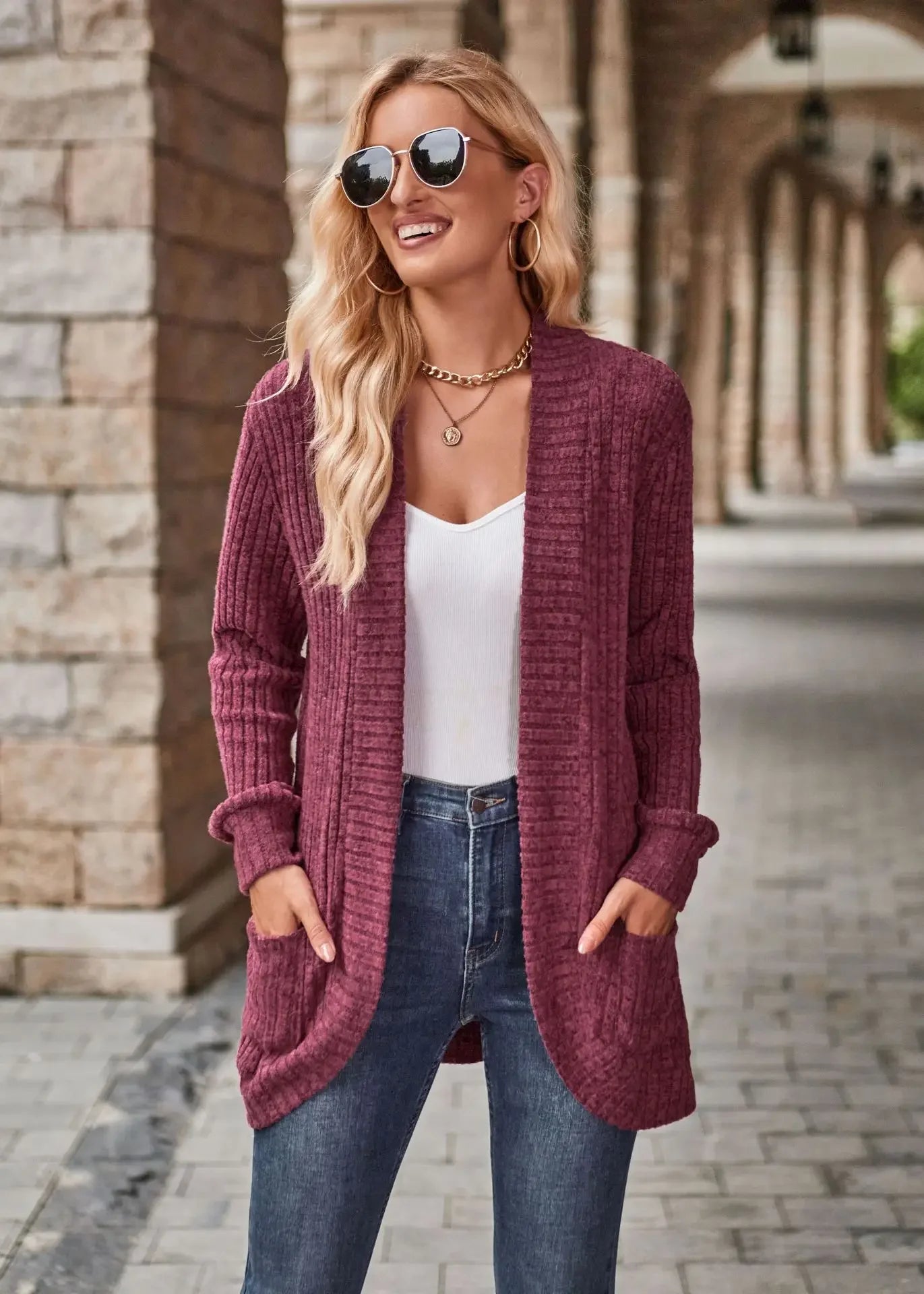 Sweater Cardigans- Cozy Textured Ribbed Shawl Collar Cardigan for Women- - Chuzko Women Clothing