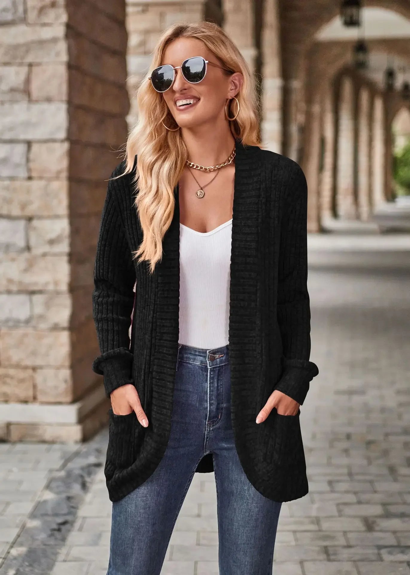 Sweater Cardigans- Cozy Textured Ribbed Shawl Collar Cardigan for Women- - Chuzko Women Clothing