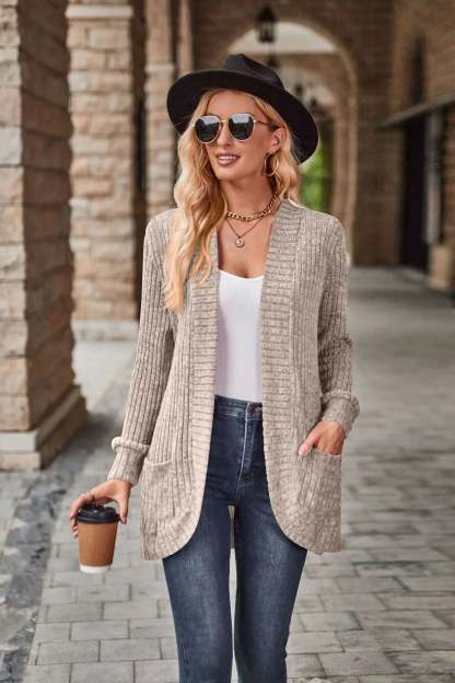 Sweater Cardigans- Cozy Textured Ribbed Shawl Collar Cardigan for Women- Khaki- Chuzko Women Clothing