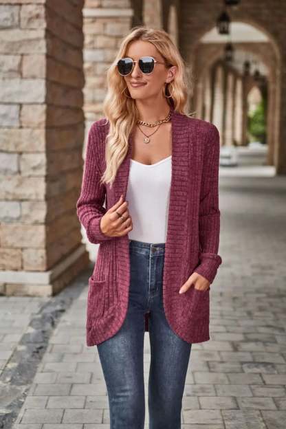 Sweater Cardigans- Cozy Textured Ribbed Shawl Collar Cardigan for Women- - Chuzko Women Clothing