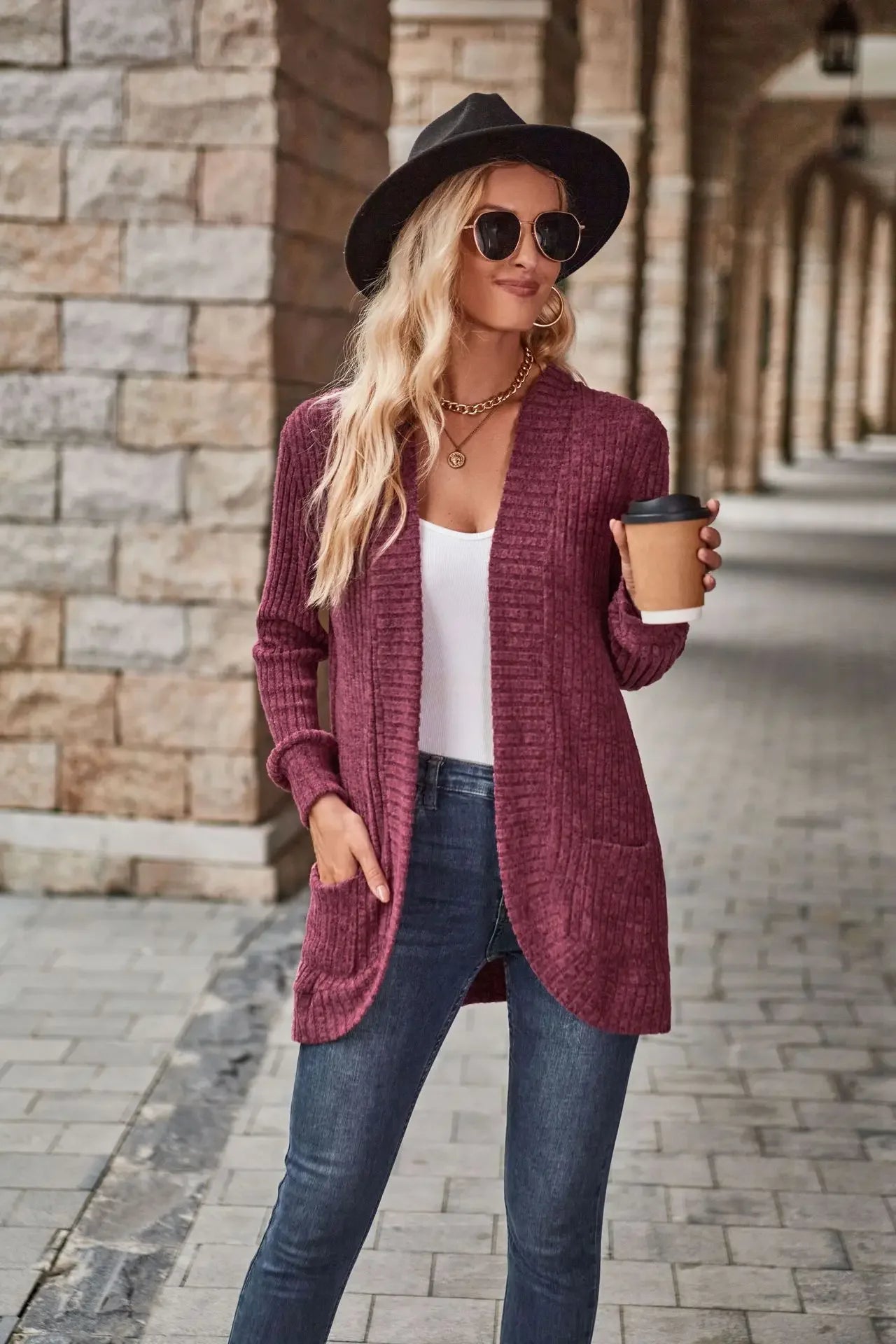 Sweater Cardigans- Cozy Textured Ribbed Shawl Collar Cardigan for Women- - Chuzko Women Clothing