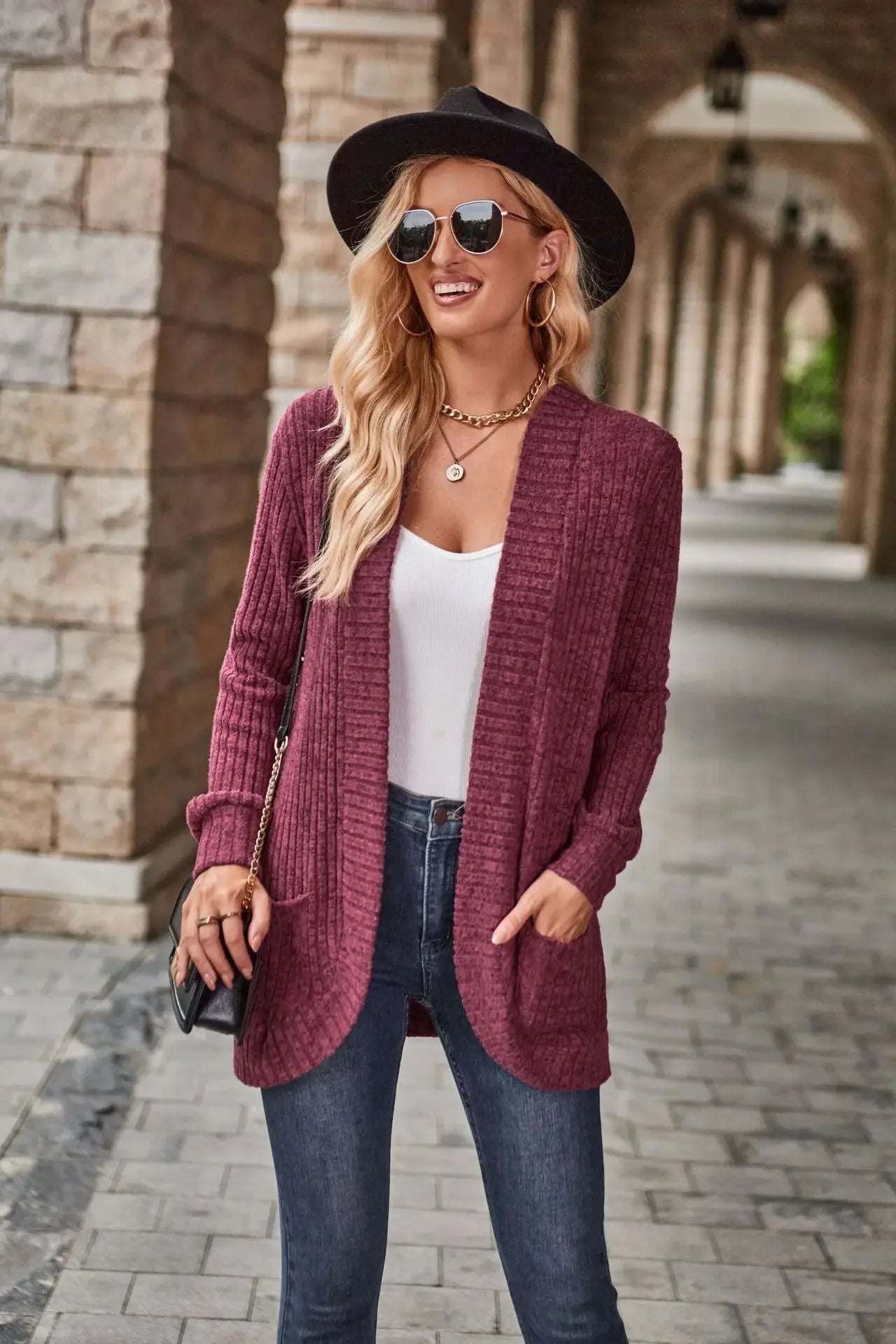 Sweater Cardigans- Cozy Textured Ribbed Shawl Collar Cardigan for Women- - Chuzko Women Clothing