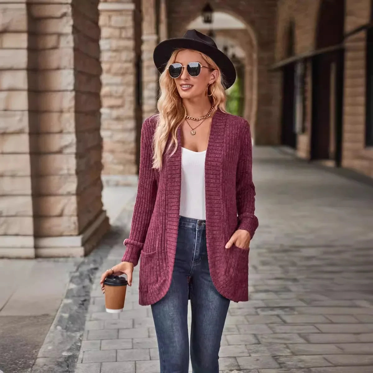 Sweater Cardigans- Cozy Textured Ribbed Shawl Collar Cardigan for Women- Burgundy- Chuzko Women Clothing