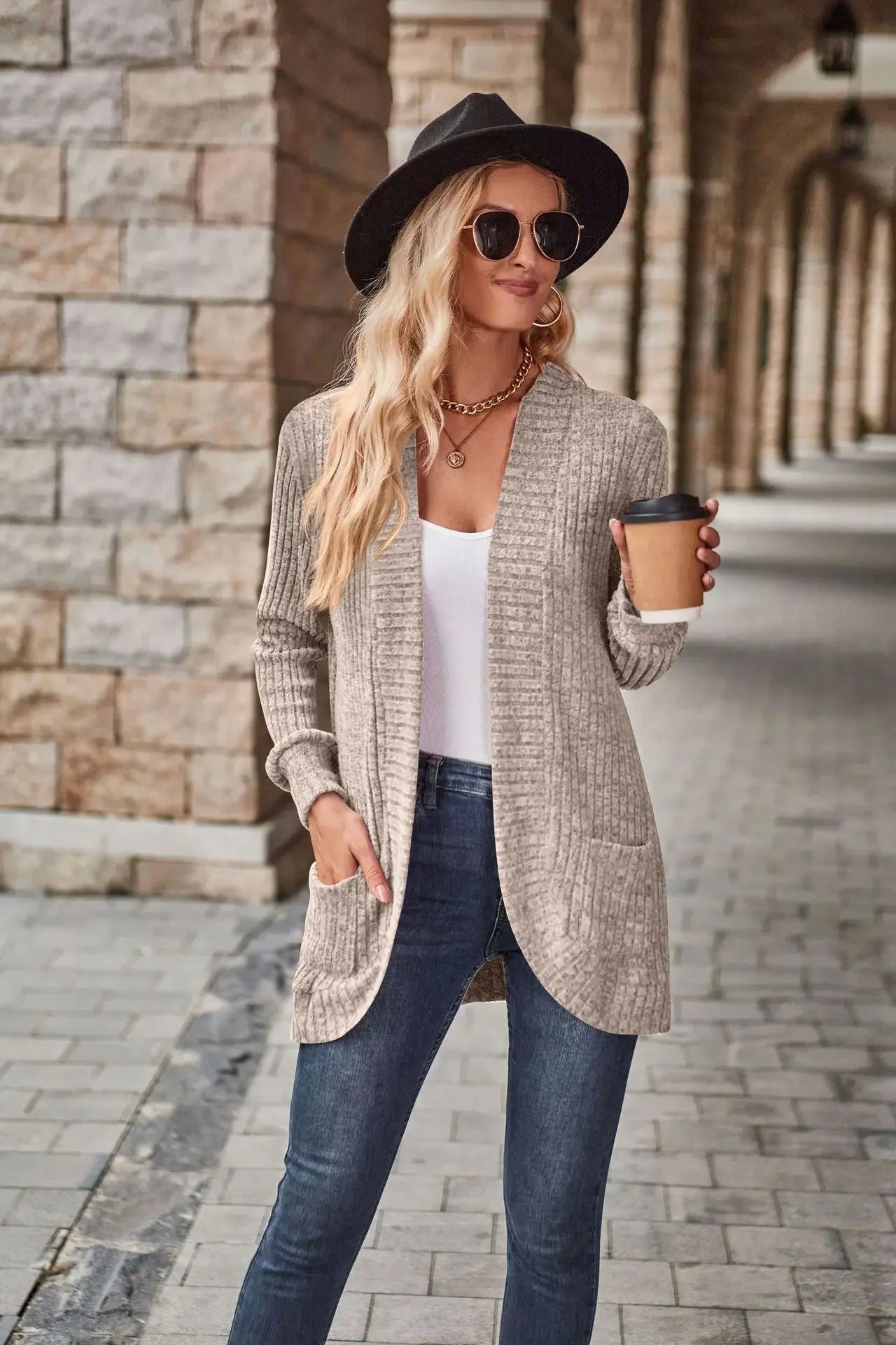 Sweater Cardigans- Cozy Textured Ribbed Shawl Collar Cardigan for Women- - Chuzko Women Clothing