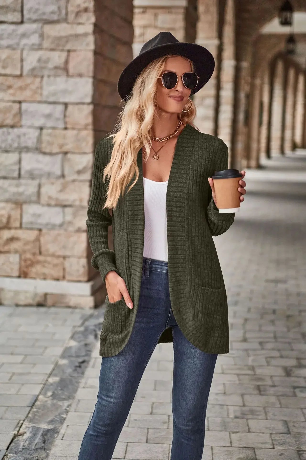 Sweater Cardigans- Cozy Textured Ribbed Shawl Collar Cardigan for Women- - Chuzko Women Clothing